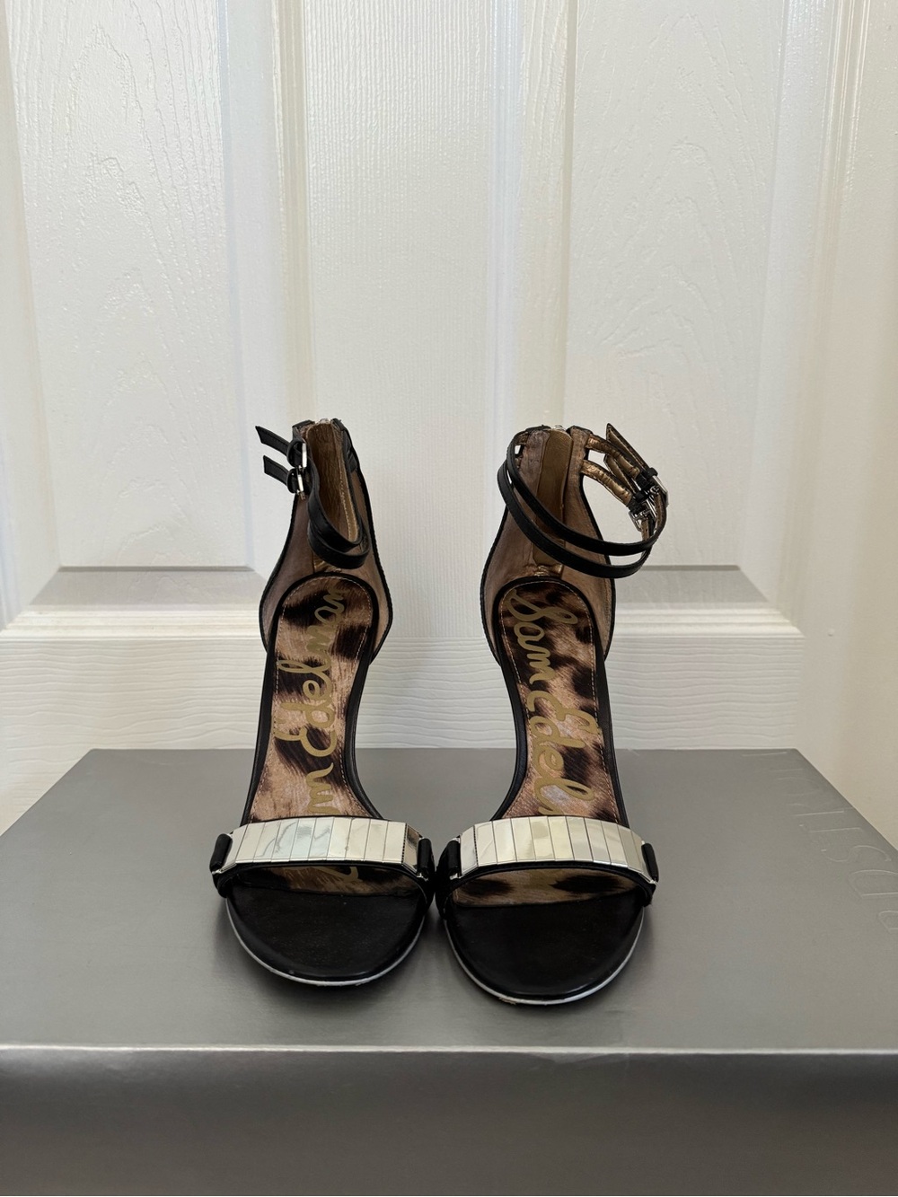 Sam Edelman Black Ankle-Strap Heeled Sandals with Metallic Toe Accent